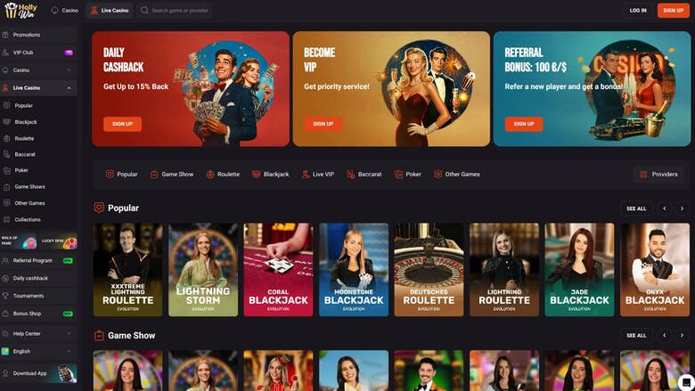 Live page screenshot of Hollywin Casino