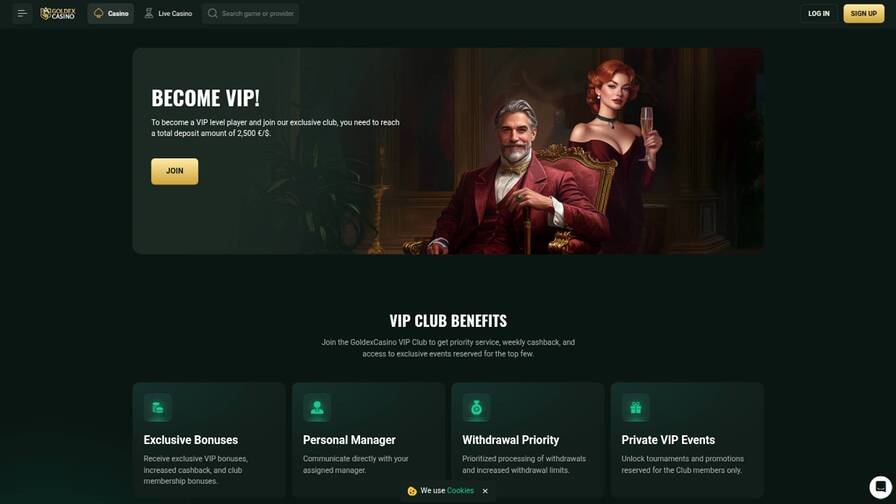 VIP page screenshot of Goldex Casino